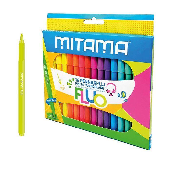 31c99941148c344fec31dacd11db0e2d Mitama Pennarelli Fluo Triang. Punta Fine in Scatola 16 pz - immagine 1