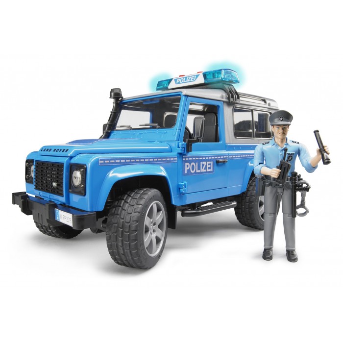 6e9044e1328de304cbaf5a13f4b73c33 Bruder Land Rover Defender Station Wagon Polizia (blu) ,luci e suono e poliziotto - immagine 1
