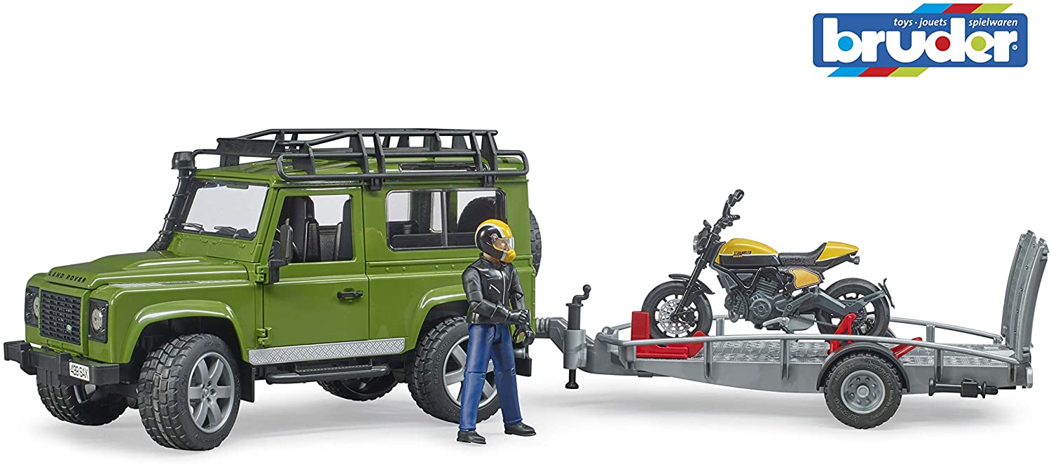 77d37a1adf3f5f8137d1f5123ecce411 Bruder Land Rover Defender con Traino Moto + Scrambler Ducati - immagine 1