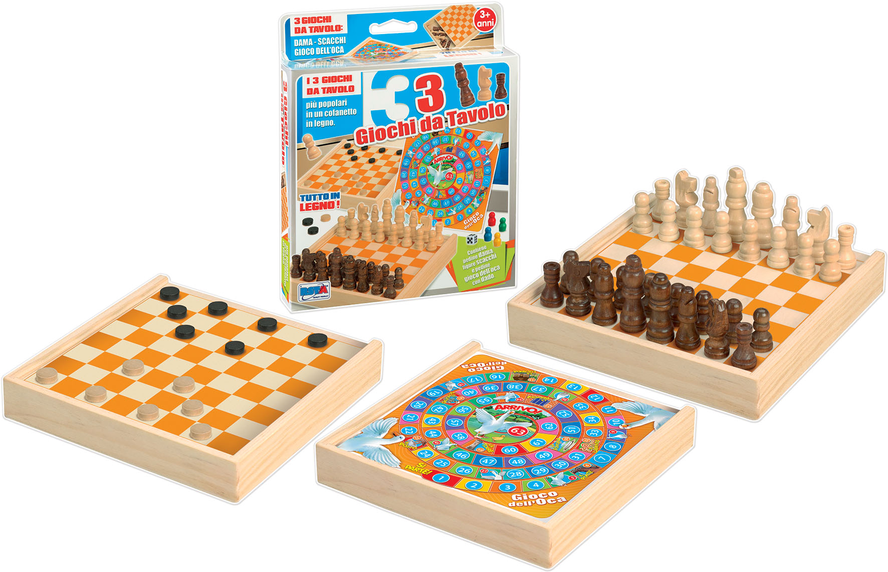 813dbd13d601d438bc2952d6200aa60a Rstoys Scatola 3 Giochi Tavolo Legno Scacchi, Dama, Gioco dell'oca - immagine 1