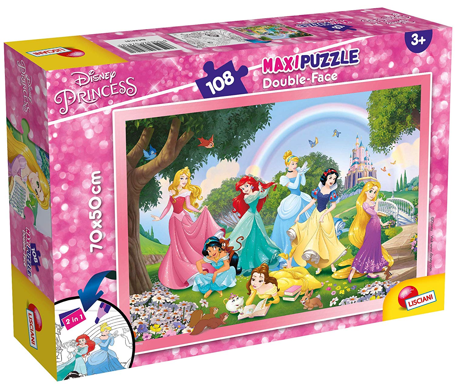 9113bebf4d663d963cd1395d38d07d50 Puzzle Lisciani Double Face MAXI 108 PZ. Disney Princess Rainbow World - immagine 1