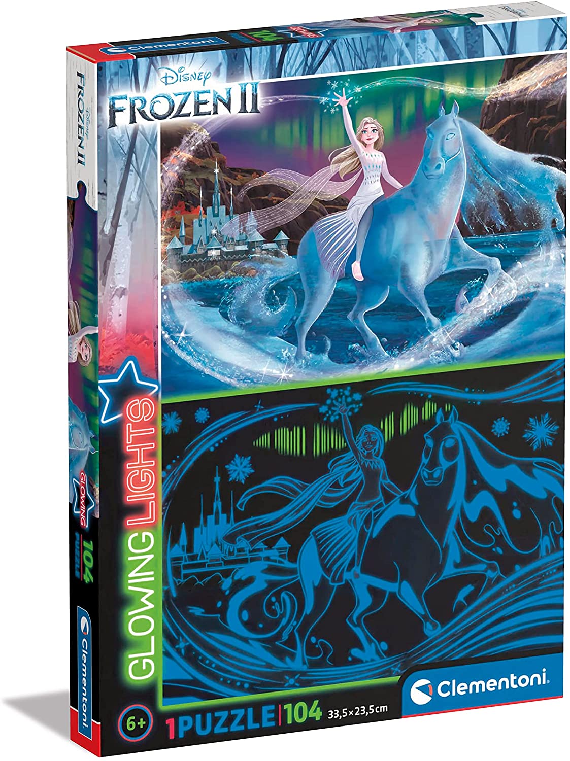 96165d1c6fe741cfaebc58d81cb353eb Clementoni Puzzle 104 Pz. Glowing Frozen - immagine 1