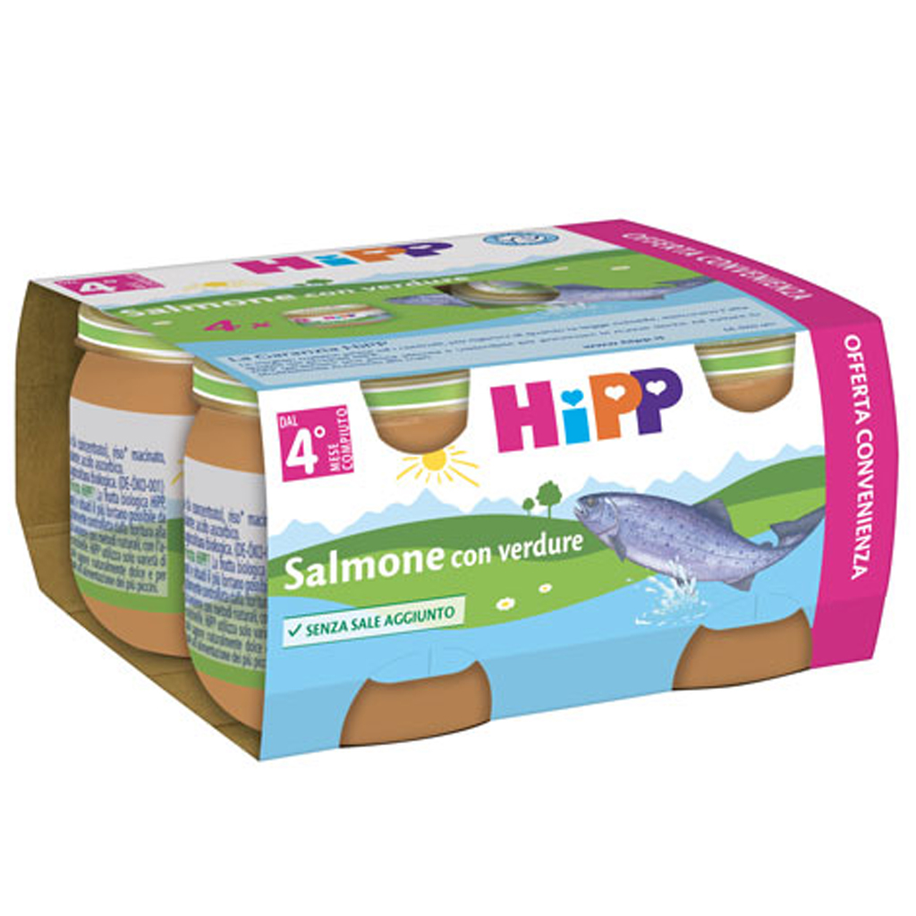 f0446cfb9c6b2e25da2c656bc23f7f1c Hipp Omogeneizzato Salmone con Verdure gr.80x4 - immagine 1
